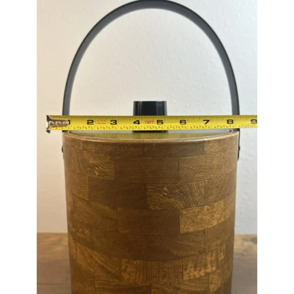 Vintage Irvinware Wood Grain Ice Bucket Black Lid Handle Made USA